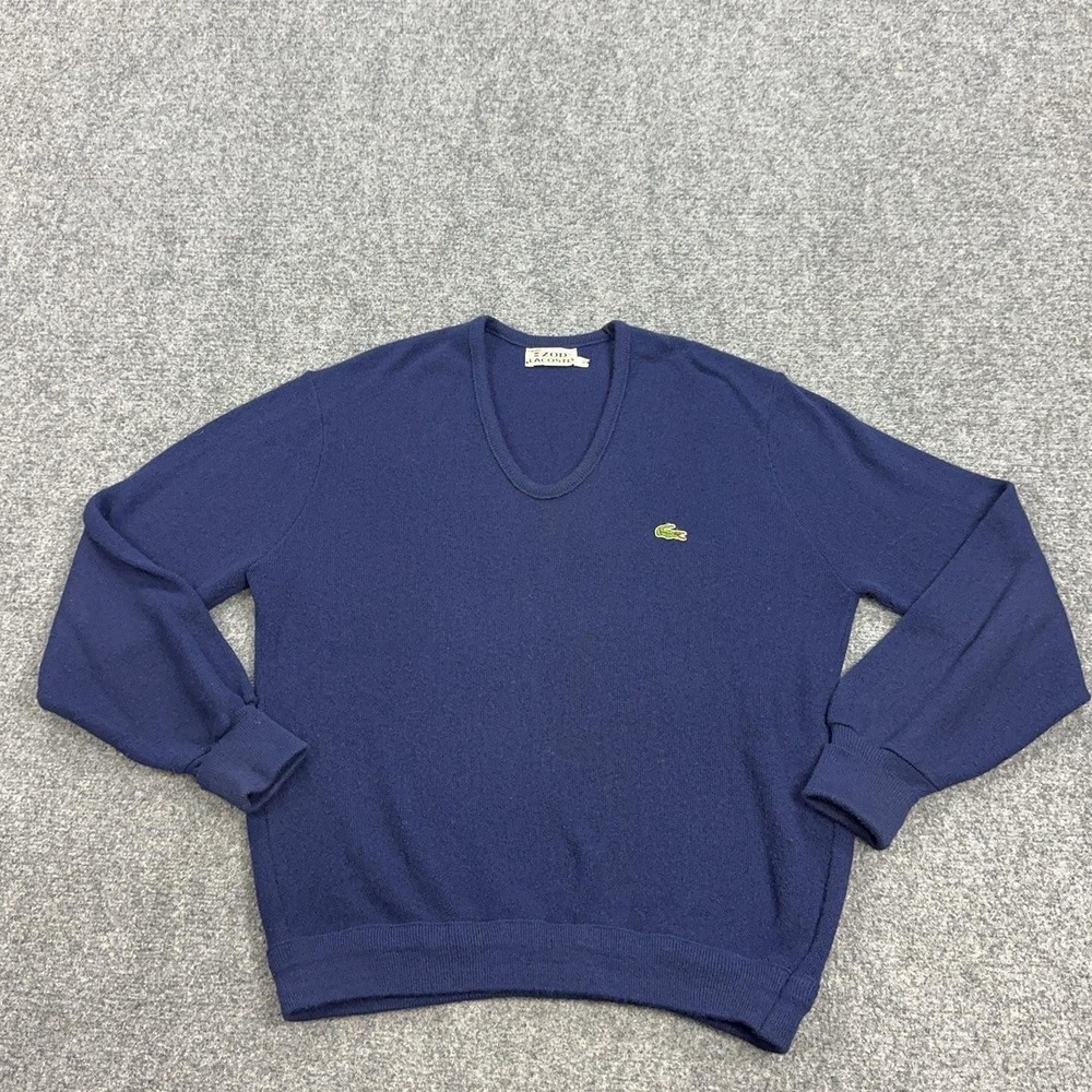 Vintage Izod Lacoste Sweater Mens XL Blue V Neck Acrylic Knit Pullover Logo